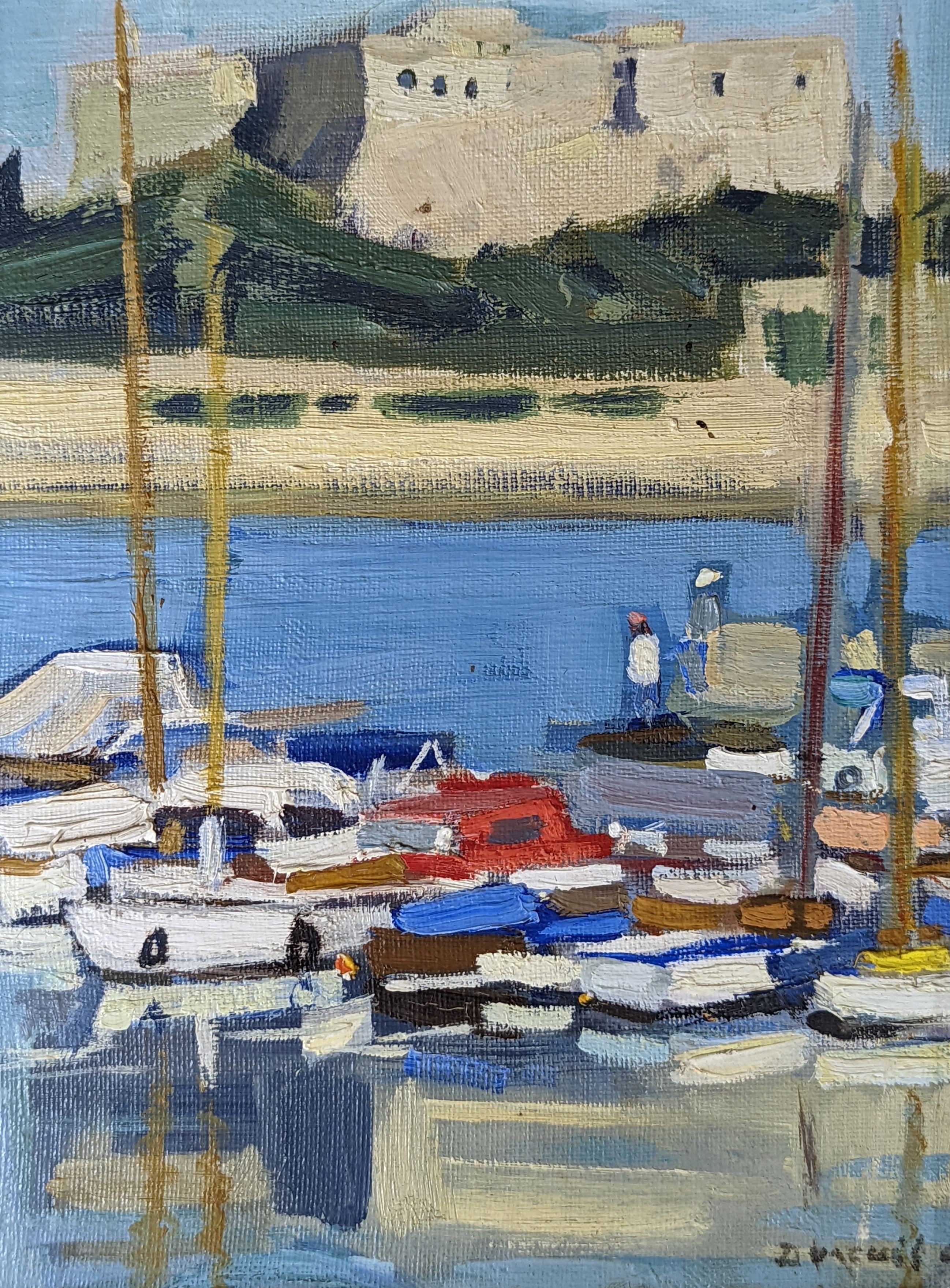 Michel Dureuil (1929-2011), oil on canvas laid on board, French harbour scene, signed, 24 x 18cm